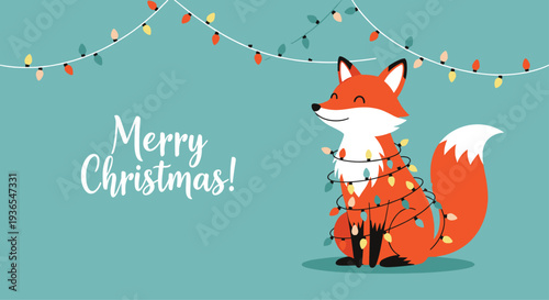 Charming Christmas illustration featuring a cute red fox tangled in colorful holiday lights with a festive greeting on a teal background.
