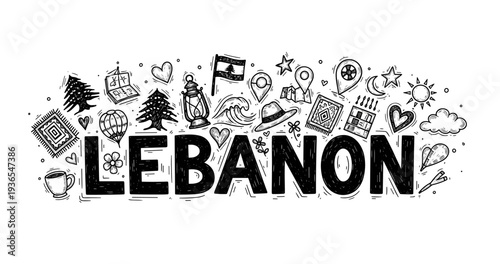 Lebanon theme doodle art with cultural and national symbols
