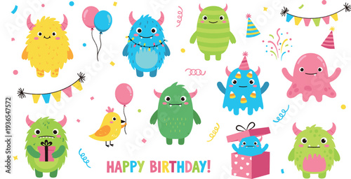 Cute monster birthday party cartoon vector illustration with colorful balloons gifts confetti and happy celebration characters
