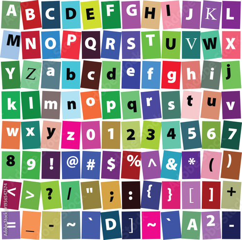 A vibrant collage of individual cut-out letters, numbers, and symbols on colorful rectangular backgrounds, arranged in a grid pattern.