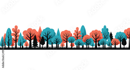 Decorative border of stylized trees in a modern color palette of teal orange and black silhouettes for a forest landscape theme.