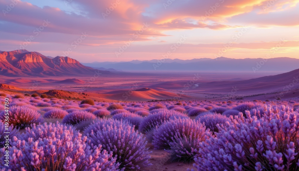 Obraz premium Lavender Field at Sunset with Mountain Backdrop