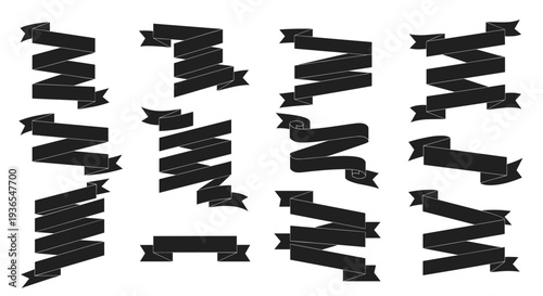Set of various black ribbon banner silhouettes with different folds and styles for titles headings and decorative labels.