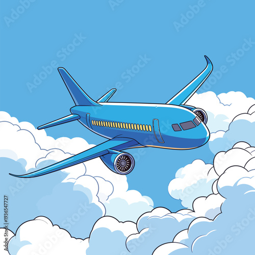 An airplane flies through a clear blue sky surrounded by fluffy white clouds during the day. The aircraft moves smoothly above.