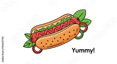 Appetizing illustration of a gourmet hot dog in a bun topped with mustard and green relish surrounded by fresh green leaves.