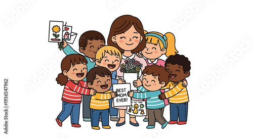 Vector illustration of diverse children and teacher