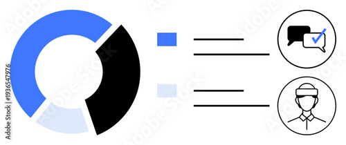 Circular data chart, icons for messaging with a checkmark, and a person using VR headset. Ideal for data analysis, communication, user experience, technology, analytics, education social