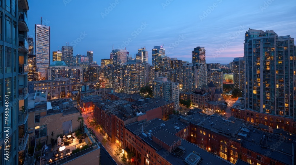 Fototapeta premium Evening city skyline with illuminated high-rise buildings and streets viewed from a balcony at blue hour.