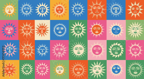 Vibrant grid of colorful tiles each featuring a unique sun face illustration with various expressions and ray designs.