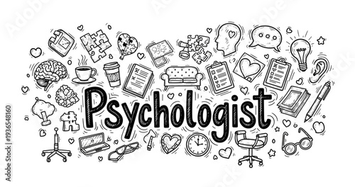 Psychologist doodle art with mental health symbols and therapy elements
