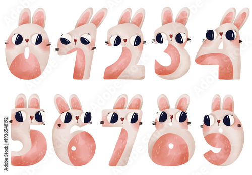 Fotografía Cute bunny numbers zero to nine hand drawn watercolor counting set for nursery wall art kids educational posters preschool learning cards baby clothing prints and children decor
