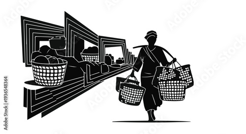 Silhouette of a person carrying baskets and shopping bags, walking through a stylized market.