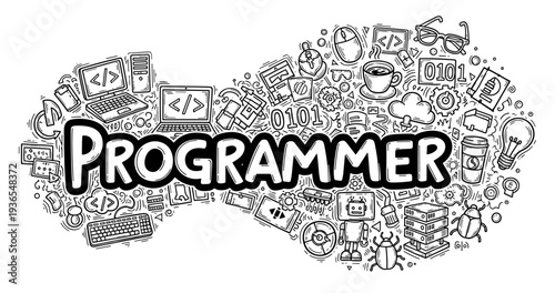 Hand-drawn programmer doodles highlighting tech symbols and coding elements
