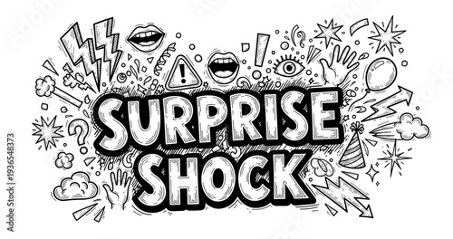 Energetic black-and-white surprise and shock doodle illustration with exclamation marks and emojis