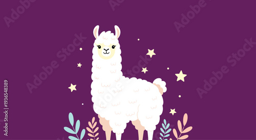 Adorable white fluffy llama standing in a whimsical setting with yellow stars and colorful botanical plants on a deep purple background.
