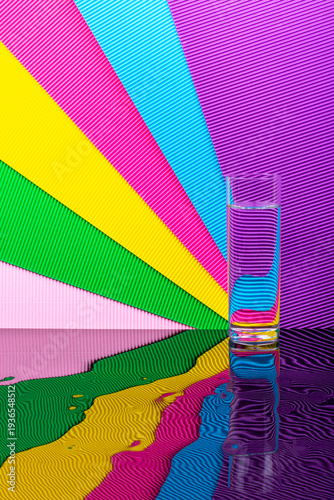 Abstract background with multicolored stripes and a glass of liquid