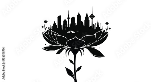 Urban skyline blooming from a stylized flower, symbolizing growth and nature integration.