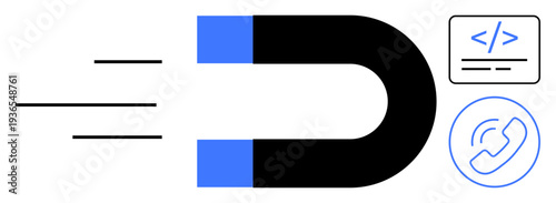 Marketing strategy, technology trends, customer engagement, user acquisition, communication, software development. Magnet icon with coding and call symbols. Marketing strategy and technology trends