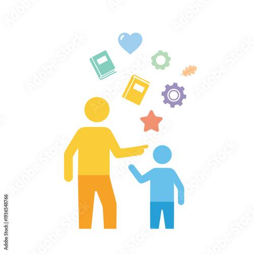 Adult pointing to child with floating education and growth icons