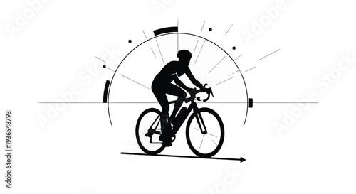 Dynamic silhouette of a cyclist in motion, captured within a stylized circular graphic.