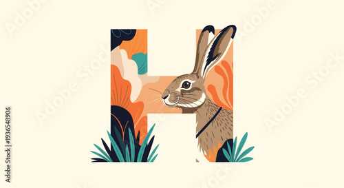 Artistic capital letter H integrated with a detailed illustration of a rabbit and colorful nature elements in a vintage style.