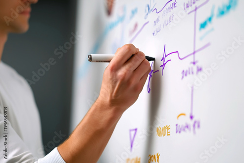 Male professional in white long-sleeve shirt writes on a whiteboard with colorful markers, illustrating a timeline with various annotations and diagrams in an office setting