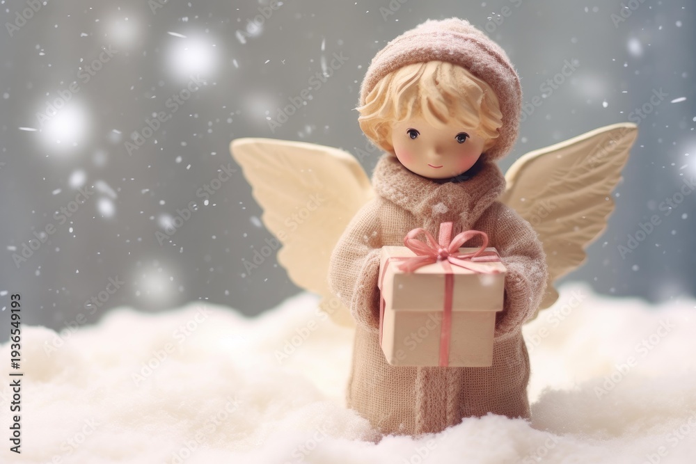 Obraz premium Sweet angel figurine standing in snow, offering a delicate gift box