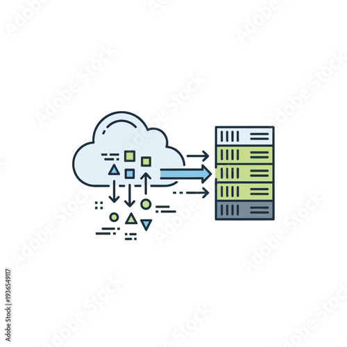 Cloud computing data flow to server racks icon