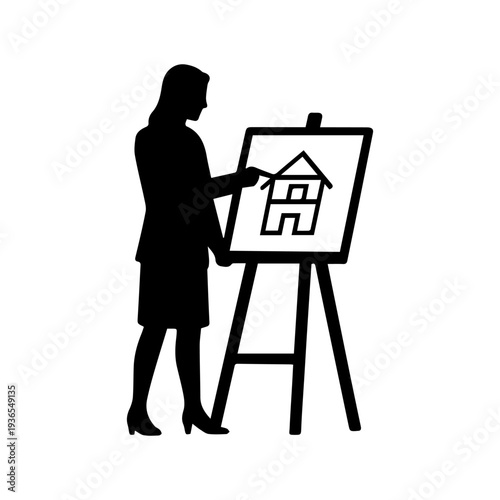 Artist silhouette painting a house, canvas on an easel