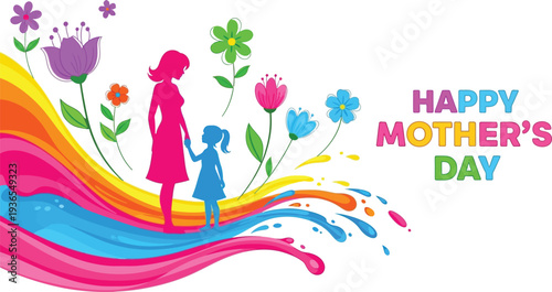 Happy Mother's Day colorful vector illustration with mother and daughter silhouette and flowers for greeting card background.