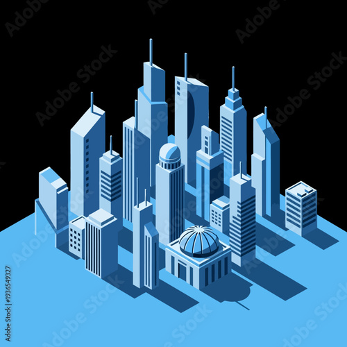 Isometric cityscape with modern and classical architecture.
