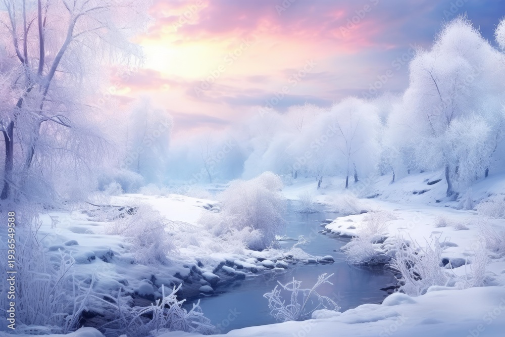 Naklejka premium Frozen river winding through a snow covered forest with frost laden trees under a pastel sunset sky