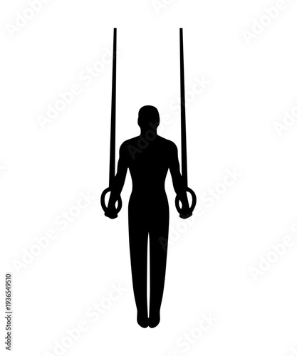 Gymnast performing on still rings silhouette icon graphic