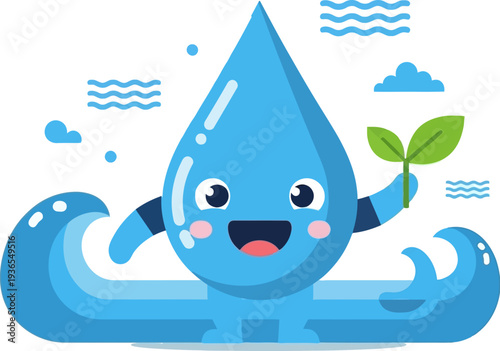 Cute Water Drop Character with Green Sprout, Symbolizing Purity, Freshness, and Environmental Care