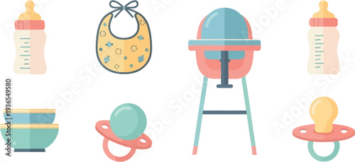 Colorful flat design baby care accessories vector illustration set including high chair, bottles, bib, and pacifiers