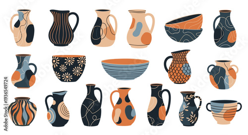 Set of artistic handmade pottery including various vases, pitchers, and bowls with unique abstract patterns and colors.