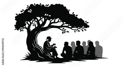 Wise storyteller shares wisdom with captivated audience under a large tree