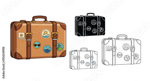 Retro travel suitcase with colorful destination stickers shown in original color, black silhouette, and simple line art styles.