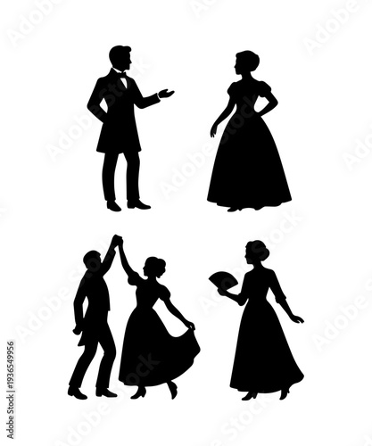 Victorian era silhouetted couples dancing at a formal ball