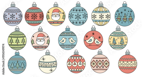 Collection of eighteen beautifully decorated Christmas ornaments with various winter patterns, animals, and characters.