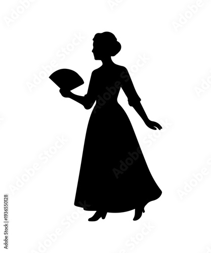 Silhouette of woman wearing historical victorian period clothing with hand fan