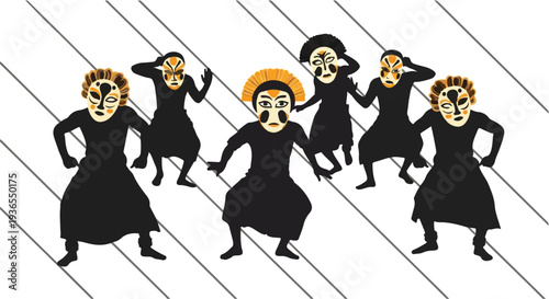 Group of dancers in tribal masks move with dramatic energy on a striped background.