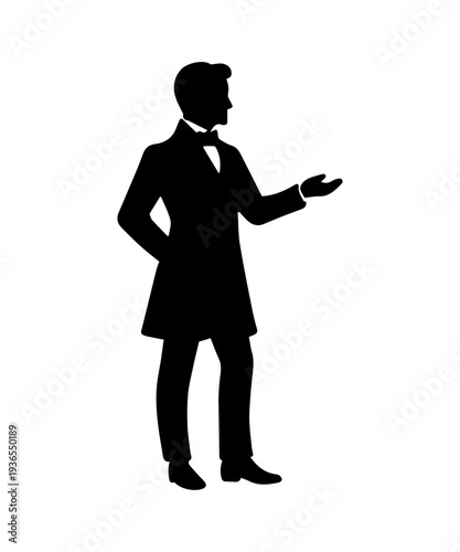 Silhouette of man, groom, wearing tuxedo historical victorian period clothing