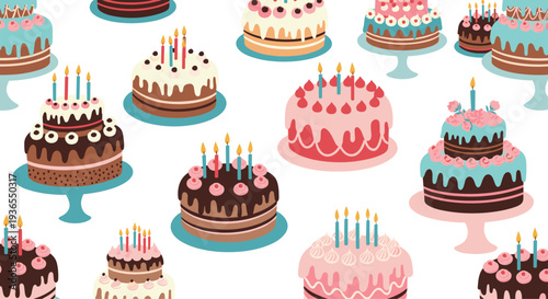 Delicious seamless pattern featuring various types of decorated cakes with candles and frosting for birthday celebrations.