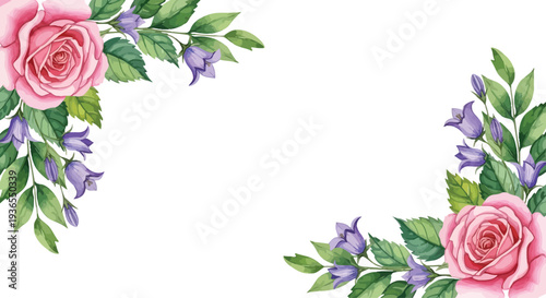 Watercolor illustration of pink roses and purple bellflowers corner frame vector for greeting card and wedding invitation