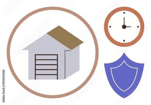 Home security, time management, property protection, safety systems, reliability, residence care. Illustrated house, shield and clock symbols. Home security and property protection concept