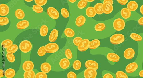 Seamless pattern of gold dollar coins falling through the air on a green abstract background representing wealth and success.