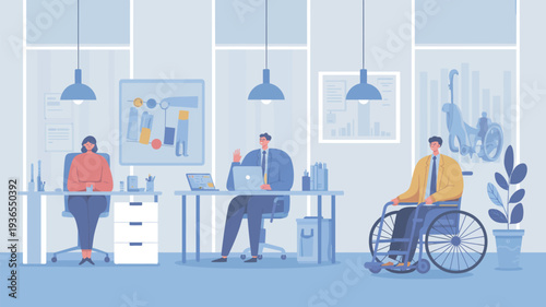 Three colleagues working together in an inclusive office environment with a wheelchair accessible workspace