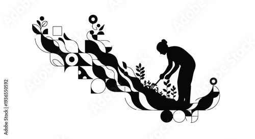 Silhouette of a person tending to plants amidst abstract organic shapes