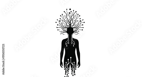 Silhouette of a person with a tree-like circuit board growing from their head, symbolizing artificial intelligence and connection.